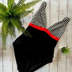 la Vie en Rose - Retro Striped / Neon Plunge Front One-piece Swimsuit (L)